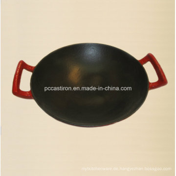 Gusseisen Wok Inside Black Enamel Outside Red Enamel